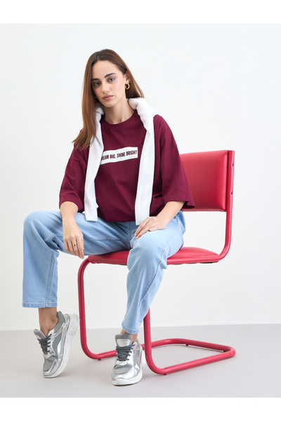 Styli Burgundy Slogan Print Oversized T-Shirt