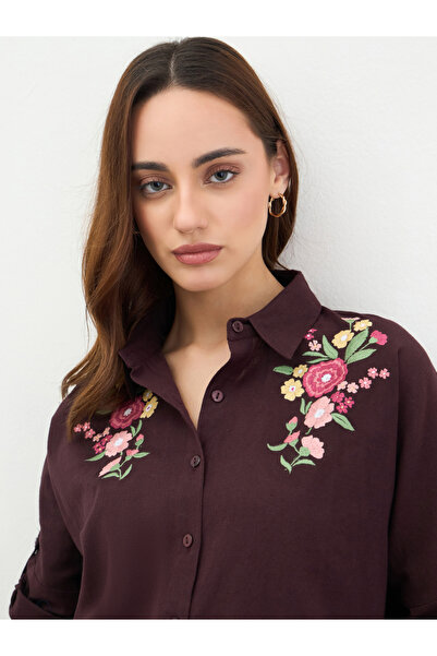 Styli Embroidered Yoke Oversized Shirt with Roll-Up Sleeves