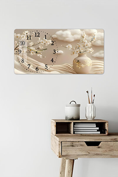 kutuTR 3D Görünümlü Temperli Cam Tablo – Çiçekli Vazo Manzara Duvar Süsü UV Baskı 60x30 cm-YSL019