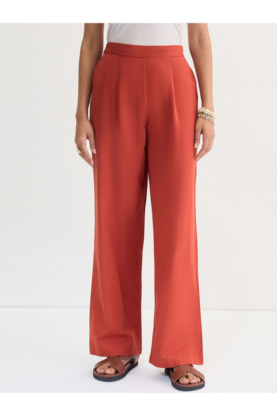 Femmella By Styli Rust Cotton Linen Straight Fit Pants
