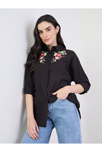 Styli Embroidered Yoke Oversized Shirt with Roll-Up Sleeves