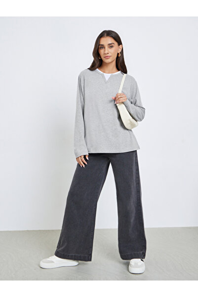 Styli Grey Oversized Knit Contrast Neckline T-Shirt