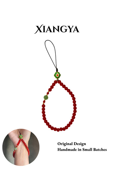 XIANGYA Phone Strap chain with Red Glass Beads Jadeite Glass Accent & Enamel Flower Charm