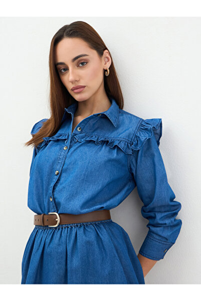 Styli Denim Ruffle Detail Buttoned Shirt