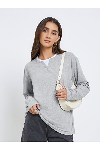 Styli Grey Oversized Knit Contrast Neckline T-Shirt