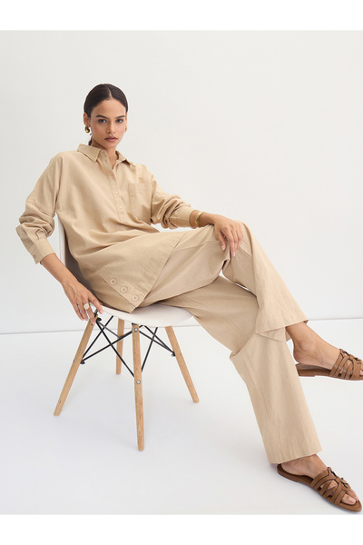 Femmella By Styli Beige Cotton Linen Straight Fit Pants