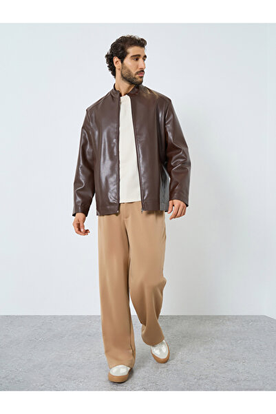 Styli Men Relaxed Fit Leather Look Jacket with Zip