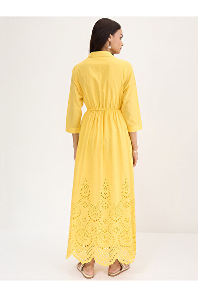 Styli Yellow Schiffli Hem Maxi Shirt Dress