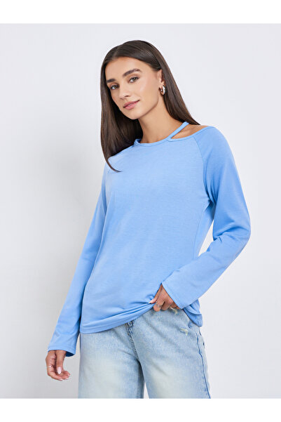 Styli Blue Long Sleeve Cutout Shoulder T-Shirt