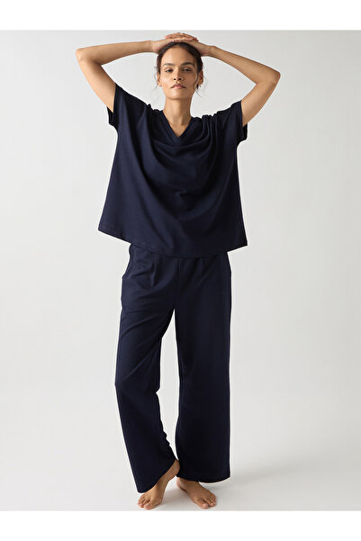 Femmella By Styli Navy Blue Cotton Knit Straight Pants