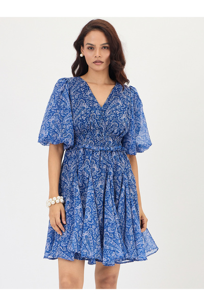 Styli Blue Paisley Printed Puff Sleeve Mini Dress