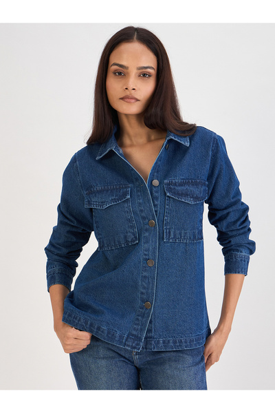 Femmella By Styli Women Blue Denim Chest Pockets Shacket