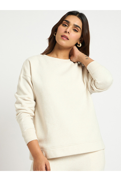 Femmella By Styli Cream Melange Crew Neck Fleece Sweatshirt