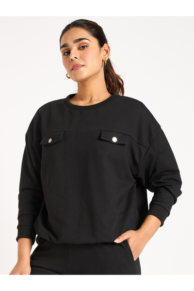 Femmella By Styli Black Flap Detail Terry Sweatshirt
