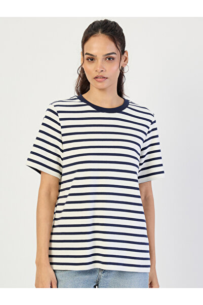 Femmella By Styli Navy Striped Knit Crew Neck T-Shirt