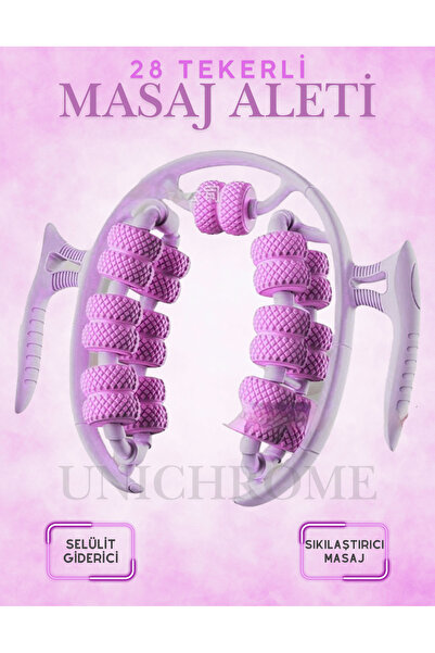 Unichrome Kas Gevşetici Masaj Aleti 28 Tekerlekli Ayarlanabilir Lenf Drenaj Rulosu Bacak Kol Selülit Pembe
