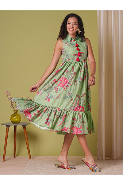 Globus By Styli فستان متوسط الطول بتصميم مجمع ومطبوع بالزهور ومزين بالشراشيب