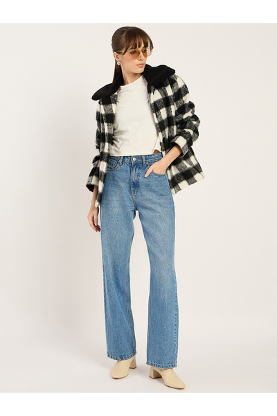 Femmella By Styli Checkered Faux Fur Collar Jacket