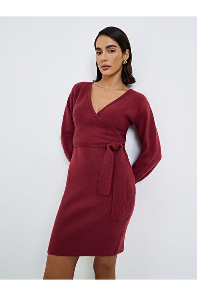 Styli Maroon Sweater Knit Mini Dress with Tie Belt