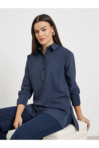 Styli Blue Longline Shirt with Half Placket