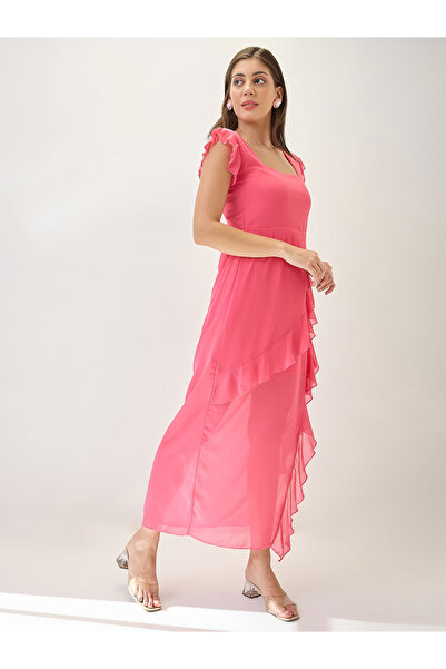 Globus By Styli Pink Square Neck Ruffle Hem Maxi Dress