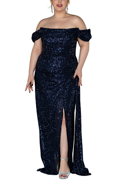 Arden Plus Size Evening Dress, Sequin Sequin Boat Neck, Wedding with Slit, Engagement Junior Evening Dress, Graduation Dress, 42-50