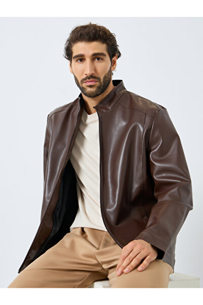 Styli Men Relaxed Fit Leather Look Jacket with Zip
