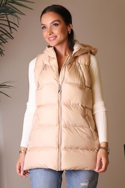 Nazen Giyim Beige Women's Vest with Pocket and Zipper Detail 89677-2K4
