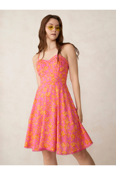 Outzidr By Styli Pink Printed Fit And Flare Mini Dress