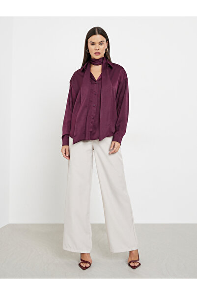 Styli Burgundy Satin Shirt with Neck Scarf