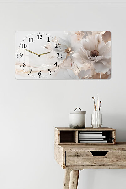 kutuTR 3D Görünümlü 2D UV Baskı Yatay Temperli Cam Saat Tablo – Beyaz Çiçek Deseni – 60x30 cm-YSL017