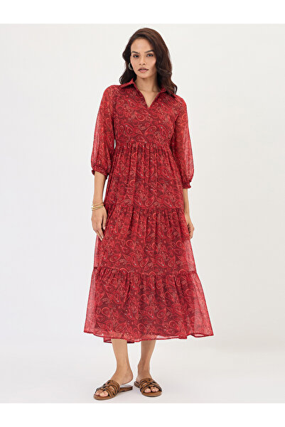 Styli Maroon Paisley Print Tiered Maxi Dress