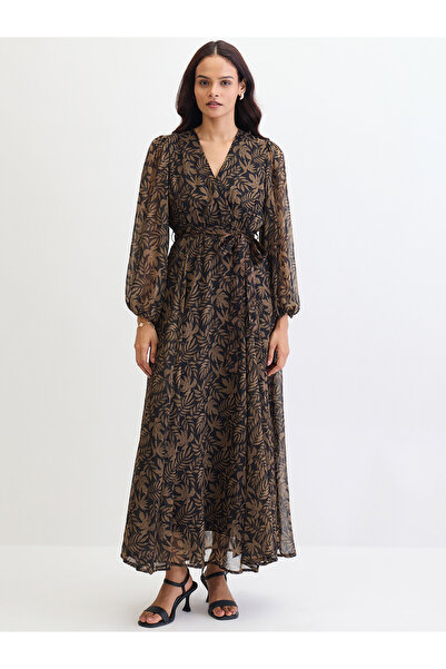 Styli Black Leaf Print Balloon Sleeve Wrap Maxi Dress