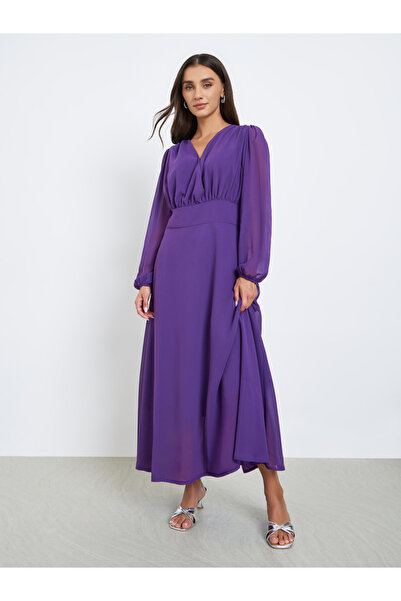 Styli فستان متوسط الطول بأكمام منفوخة من الشيفون البنفسجي