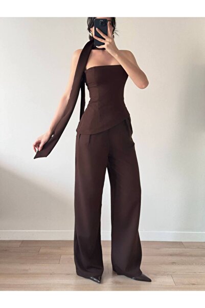 LOCH BUTİK Γυναικείο Καφέ Σαλιάρα Παντελόνι Σετ Δύο Τεμάχια