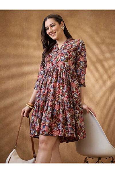 Globus By Styli Floral Print V Neck Tiered Mini Fusion Dress