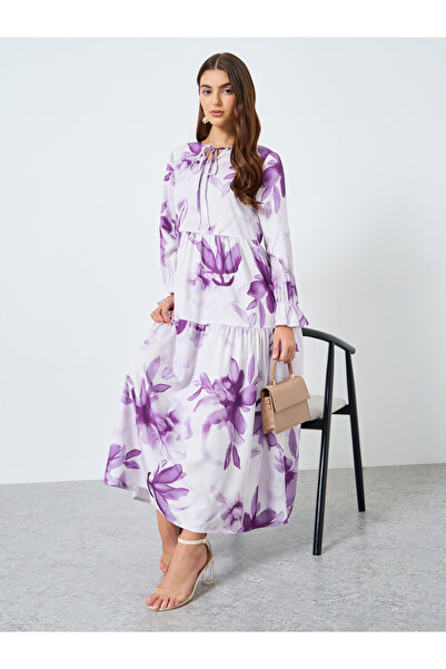 Take Two By Styli Floral Printed Tie-Up Neck Long Sleeve Midi Dress