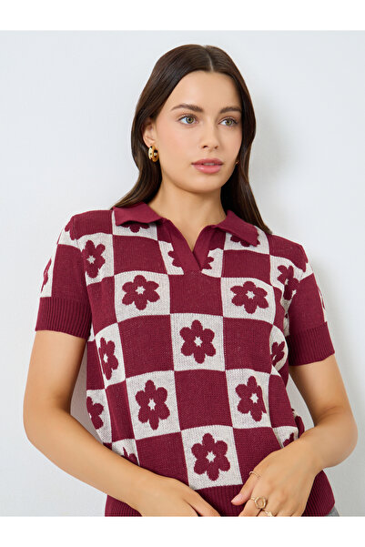 Styli Red Floral Knit Relaxed Fit Polo T-Shirt