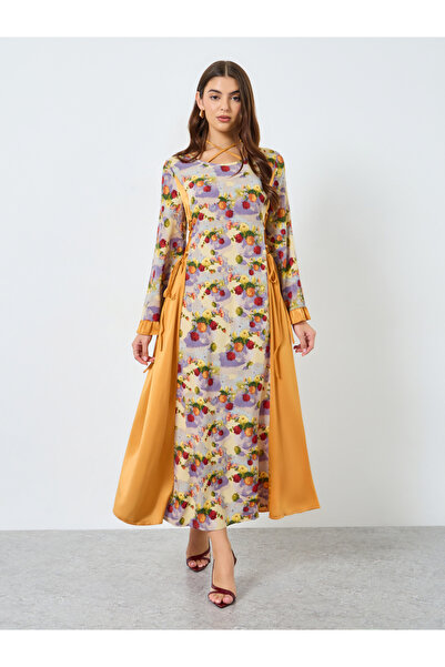 Take Two By Styli Floral Printed Tie-Up Neck Ruffle Maxi Dress