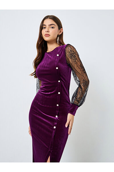 Take Two By Styli Magenta Lace Sleeve Velvet Midi Dress