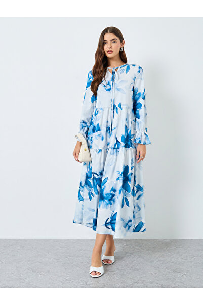 Take Two By Styli Floral Printed Tie-Up Neck Long Sleeve Midi Dress