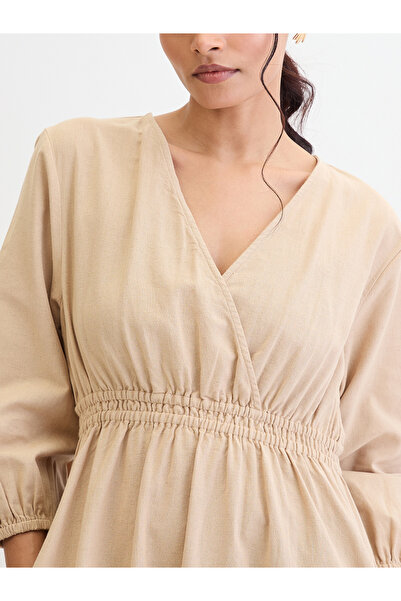 Styli Beige Linen Blend Slit Detail Maxi Dress