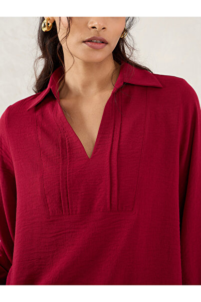 Femmella By Styli Maroon Collared Top with 3/4 Sleeves