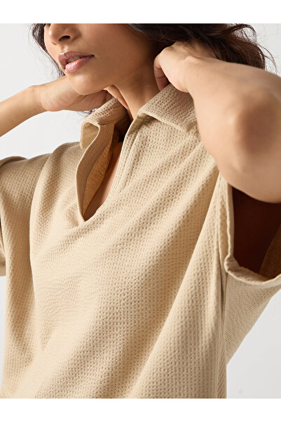 Femmella By Styli Beige Cotton Short Sleeve Knit T-Shirt