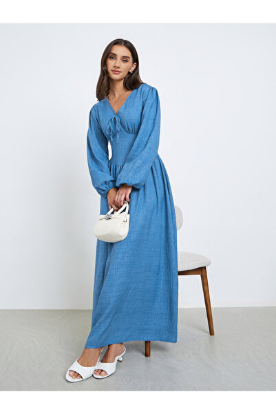 Styli Blue Maxi Dress with Volume Sleeves
