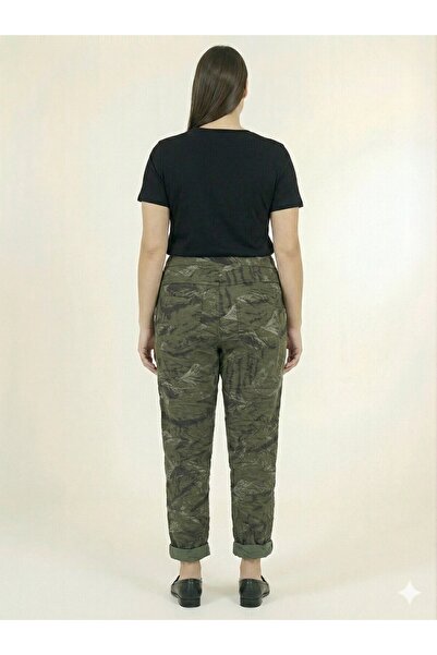 della moor Women's Khaki Italian Feather Patterned L Stretch Fabric Elastic Waist Narrow Leg Trousers Size 40 - 48