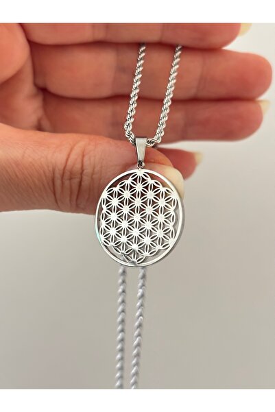 Çelik Gümüş Renk Yaşam Çiçeği Uzun Burgu Zincir Kolye