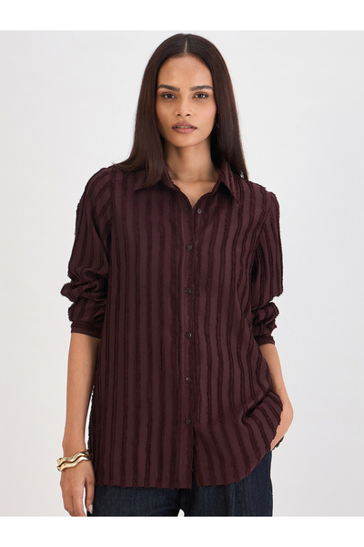 Femmella By Styli Coffee Brown Textured Button Down Shirt