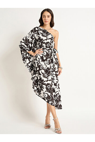 Styli Black Floral One Shoulder Asymmetrical Hem Midi Dress