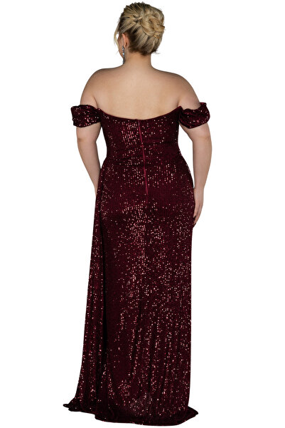 Arden Plus Size Evening Dress, Sequin Sequin Boat Neck, Wedding with Slit, Engagement Junior Evening Dress, Graduation Dress, 42-50